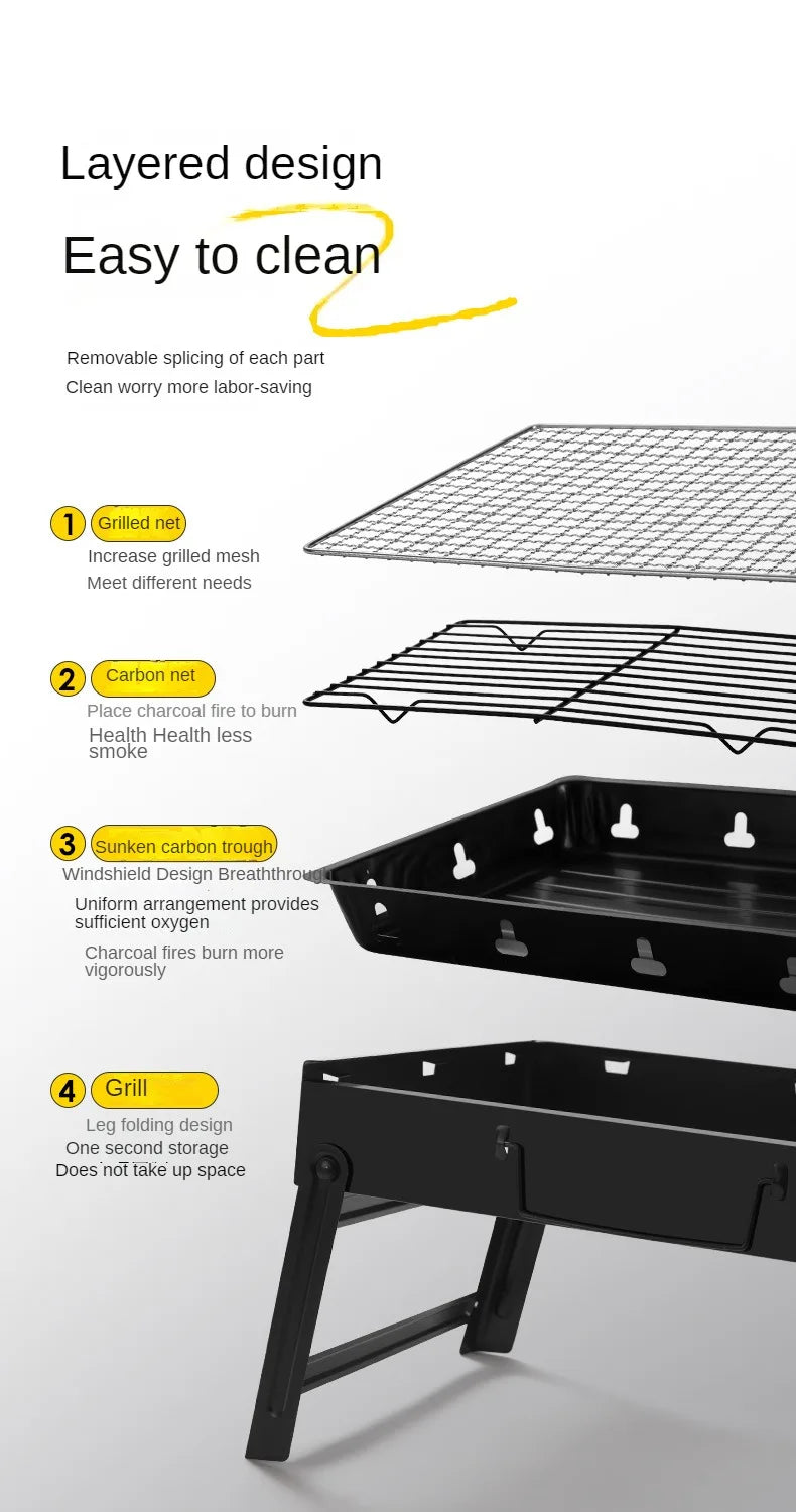 Collapsible BBQ Grill Outdoor Portable Charcoal Fire Pit Full Set no Smoke Carbon Roast Meat for Home