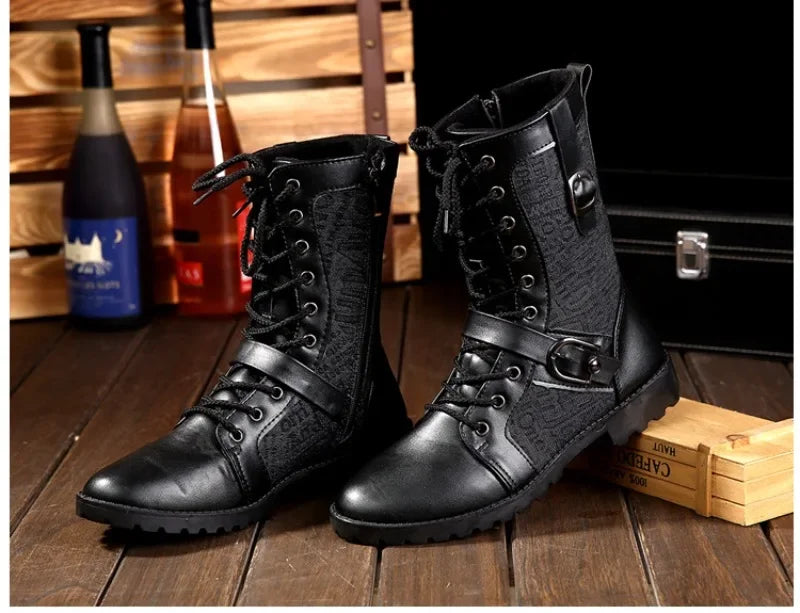 2025New Men Boots Fashion Mid-calf Boots Trend Motorcycle Boot High Top Casual Boots for Men Plush Warm Winter Boot Botas Hombre