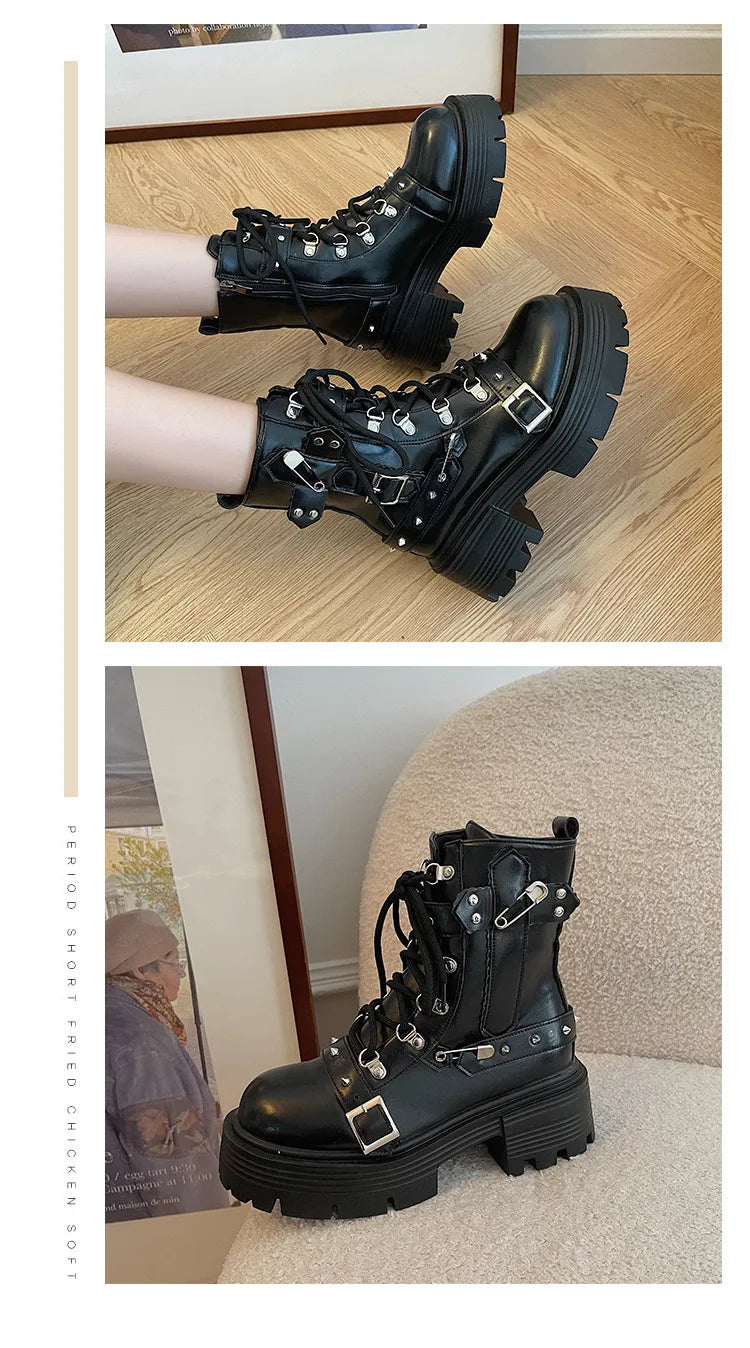 Women's Motorcycle Short Boots Rivet Chain Design Gothic Shoes Street Fashion Lady Rock Boots Metal Decor Punk Style Women Shoes