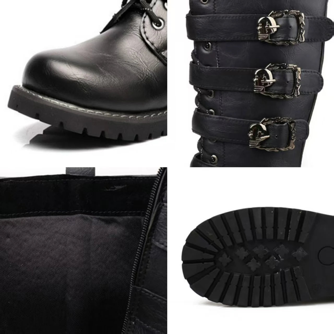 Men's Leather Motorcycle Boots Mid-calf Boots Gothic Belt Rock Punk Shoes Outdoor Black Casual Boot Winter Large Size Men Boots