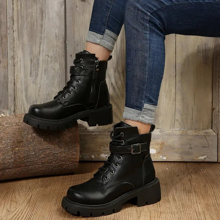 Platform Women Boots Fashion High Quality Women Ankle Boots Retro Round Toe  Motorcycle Boots Punk Style Women Shoes Botas Mujer