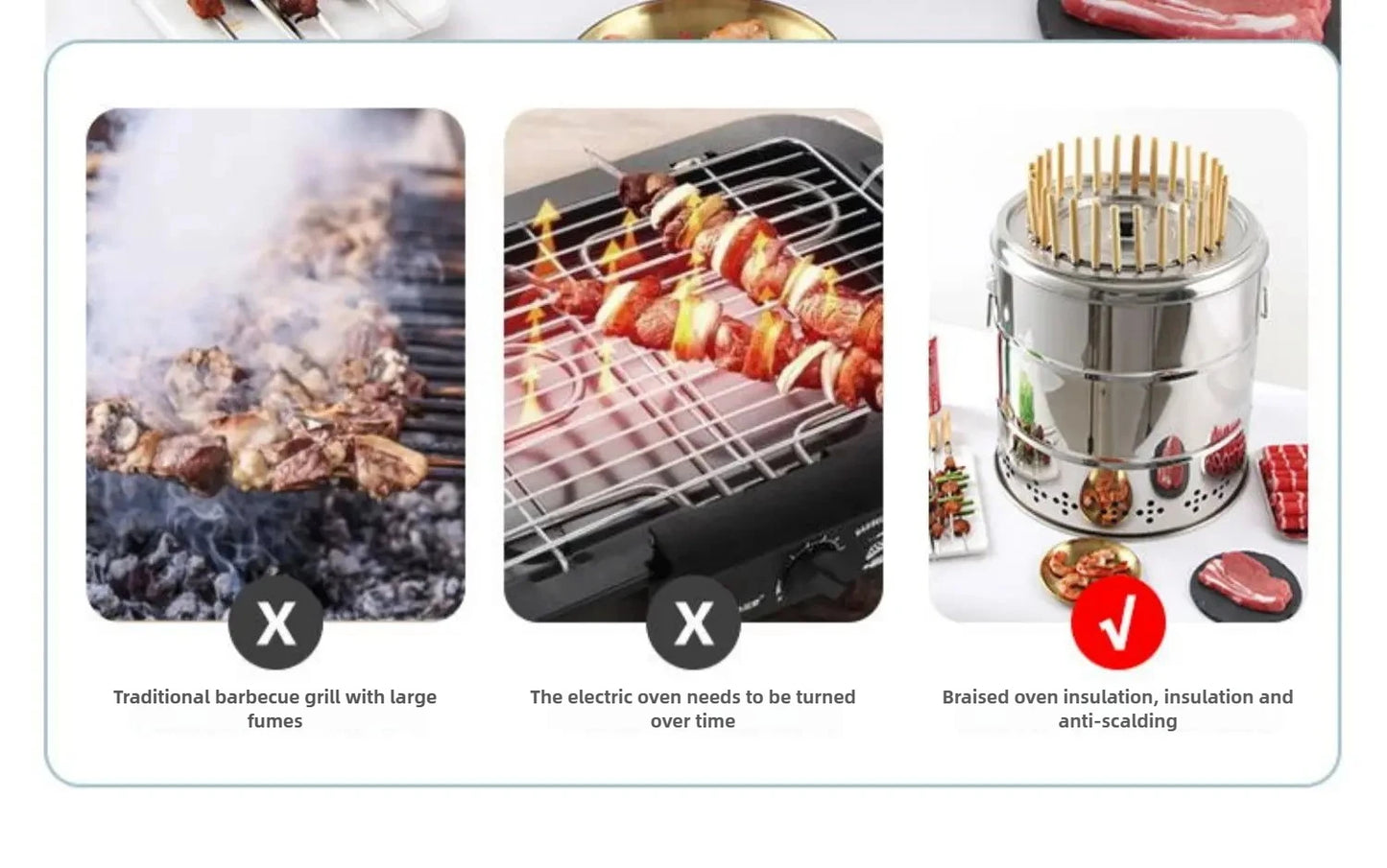 Smokeless Barrel BBQ Grill, Charcoal Rotisserie for Home, Commercial, Outdoor Meat Skewer, Portable Roaster