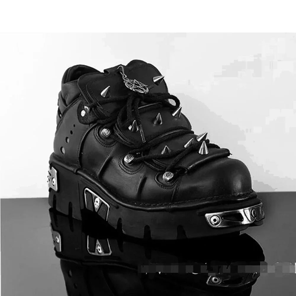Fashion Men's Genuine Leather Motorcycle Boots,Retro Goth Punk Metal rivet Rock Skull Ankle Boots,Women Platform Work Shoes 48