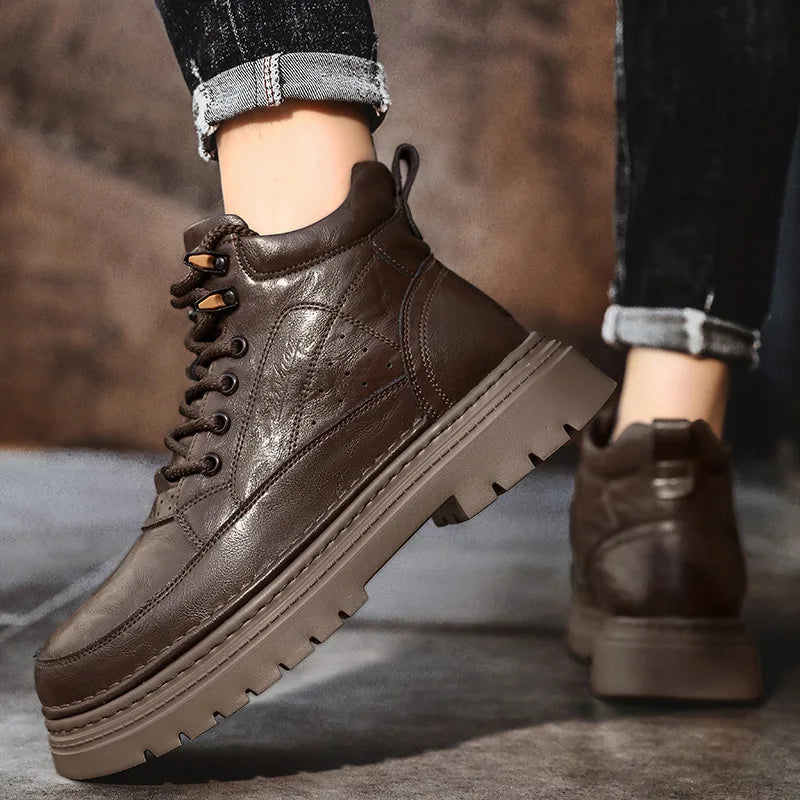 COZOK Men's Shoes Genuine Leather High Top Shoes Male Comfortable Sneakers Motorcycle Boots Male Lace-Up Winter Plush Snow Boots