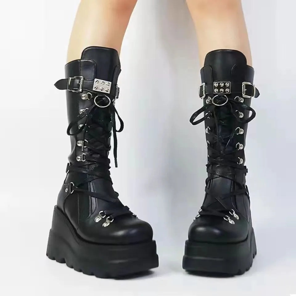 Women High Boots Cosplay Mid-calf Boots High Platform Wedges Boots 2025 Autumn Winter New Designer Gothic Shoes for Women Botas