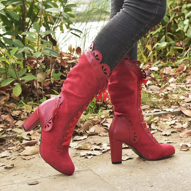 Women Lace Women's High Heel Middle Tube Boots Retro Leather Winter Shoes Booties Cowboy