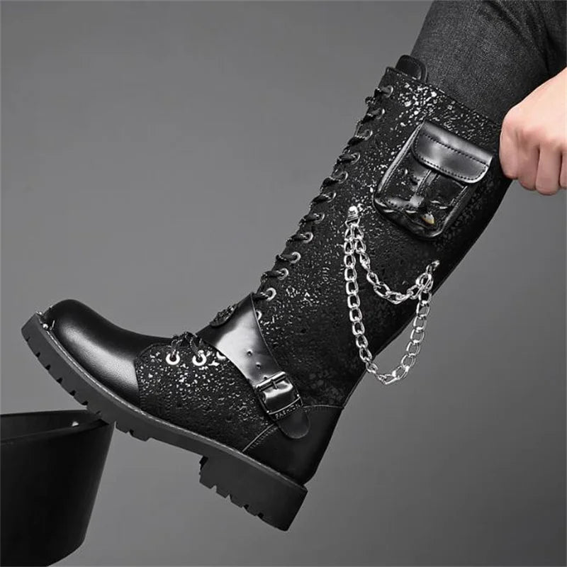 Men Motorcycle Boots Mid-calf Breathable Combat Boots Gothic Belt Punk Boots Men Shoes Hightop Casual  Metal toe boots 38-46