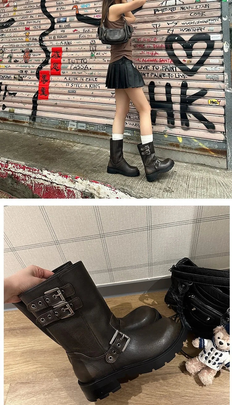 Spring and Autumn Women Boots Retro Platform Boots 2024 Round Toe Solid Color Low Heel Short Buckle Casual Women's Fashion Boots