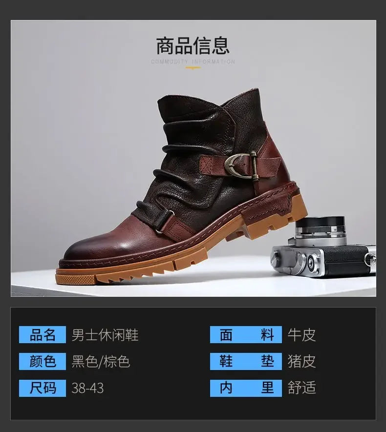 2025 Retro Men's Motorcycle Leather Boots British Style Round Head High Top Shoes Casual Platform Boots Moto Street Gear