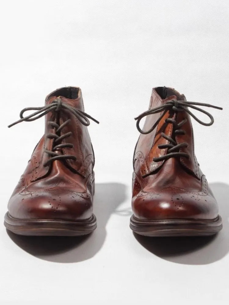 Casual Handmade Vintage Cowhide Genuine Leather Short Boots Men Carving Design High Top Cargo Shoes Men Lace Up Motorcycle Boots