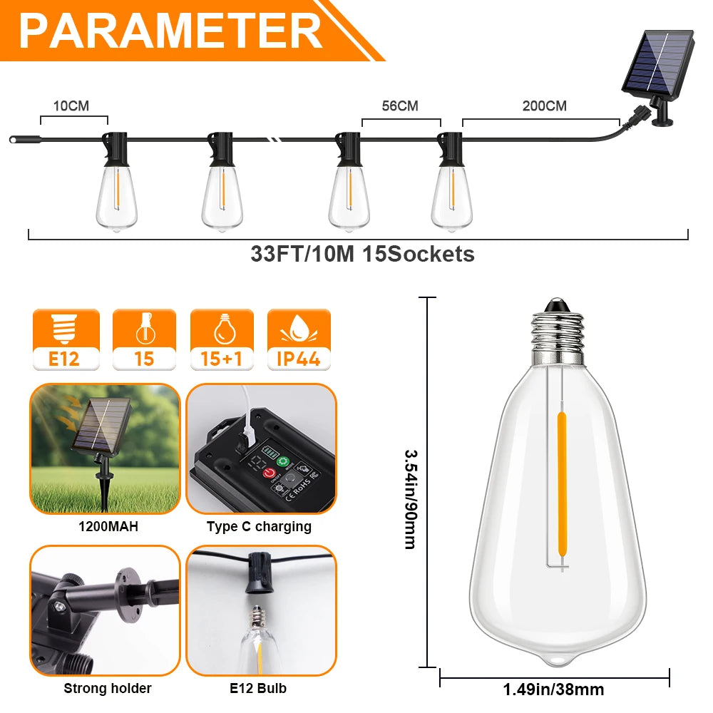 ST38 LED Solar String Light Dimmable Outdoor Shatterproof Garden Solar Powered String Lights with Remote Bistro Cafe Camping Dec