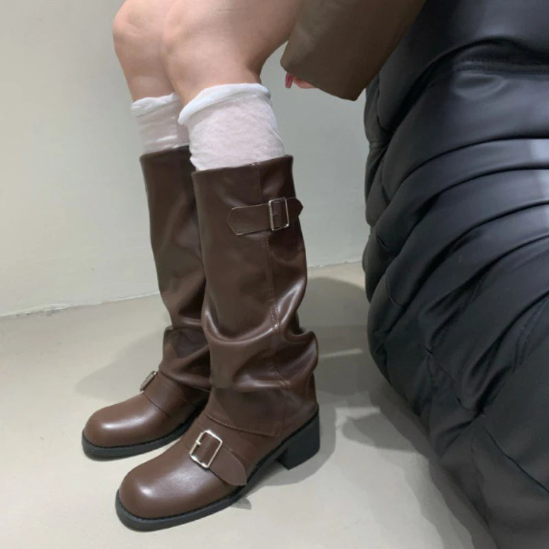 Woman Boots Knee High Platform Heels Trend Punk Gothic New Rock Leather Fashion Women Shoes Motorcycle Footwear Zapatos De Mujer