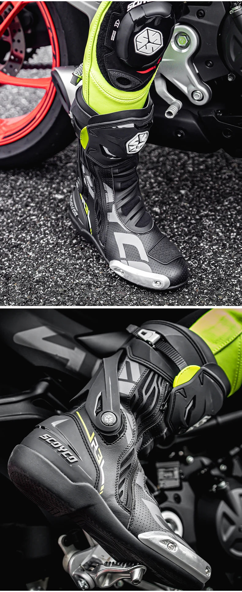 SCOYCO Motorcycle Boots Men Non-slip Anti-fall Professional Motorbike Racing Track Long Boots Mid-Calf Riding Protective Shoes