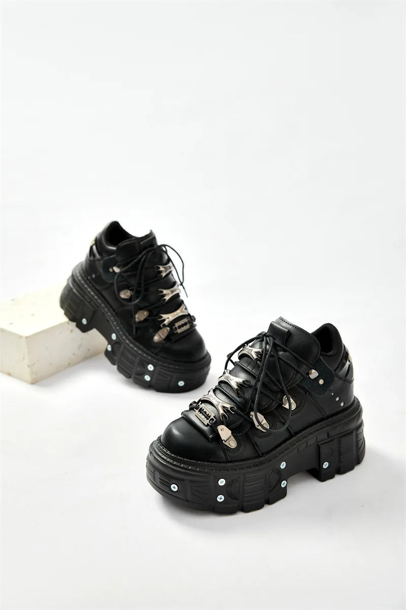 2025 New Punk Style Women Black Rock Metal Decor Lace-up Heel Height Platform Shoes Gothic Man Sneakers Women Ankle Boots