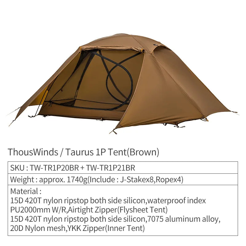 Thous Winds Taurus Solo Tent, Ultralight Hiking Camp, Solo Backpack Tent, Outdoor Cot Tent, 15D Nylon Ripstop Both Side Silicon
