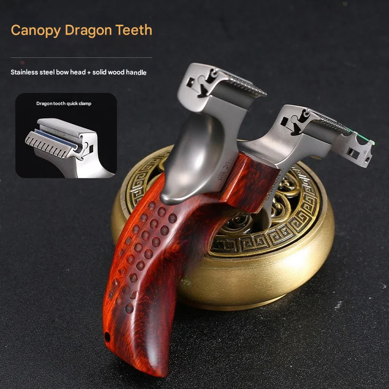 Powerful Stainless Steel Slingshot with Flat Rubber Band Outdoor Hunting and Shooting Combat Catapult with Wooden Handle