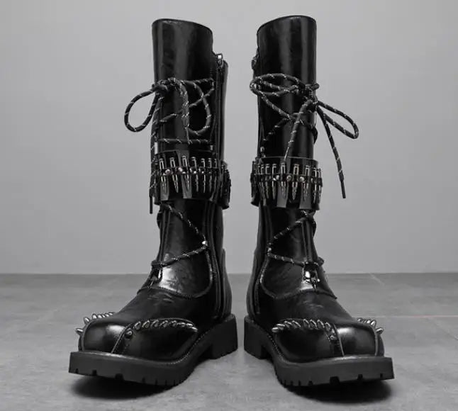 Round Toe Metal Decorations Belt Buckle men Boots Thick Sole Flats Black Zipper Fashion Punk Gothic  Equestrian Motocycle Boots
