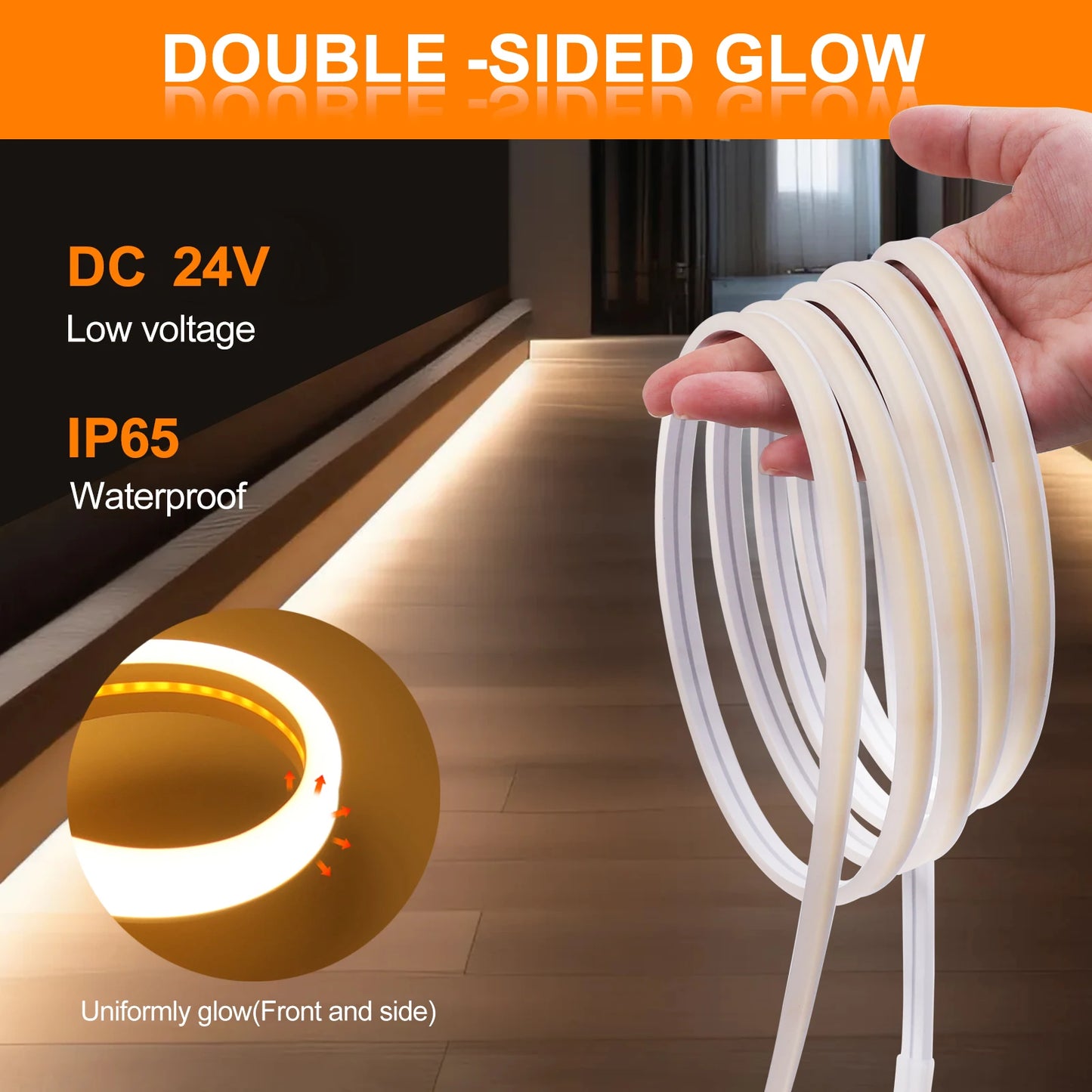 24V Solar Powered COB LED Strip Light Double Side Glow 320 LEDs/m Waterproof Flexible Neon Tape Indoor Outdoor Linear Lighting