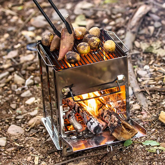 Stainless Steel Wood Burning Stove Outdoor Hiking Picnic BBQ Cooking Folding Stove Wood Burner Camp Stove with Ash Tray