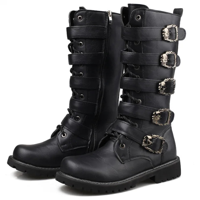 Men's Leather Motorcycle Boots Mid-calf Boots Gothic Belt Rock Punk Shoes Outdoor Black Casual Boot Winter Large Size Men Boots