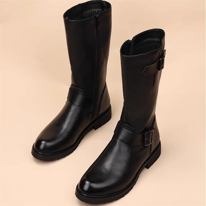 Men Fashion Leather Motorcycle Boots Mid-calf Warm Boots Black Gothic Belt Rivet Punk Rock Boots Tactical Boots 37-45