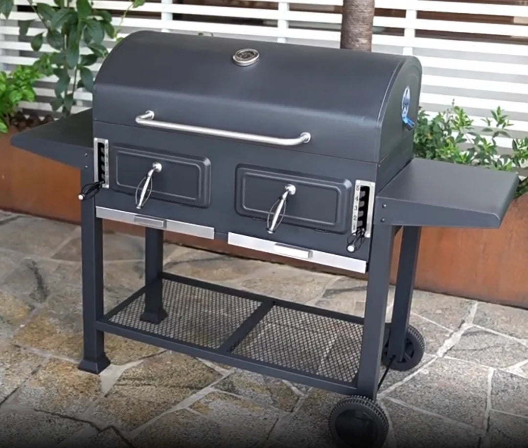 Portable Outdoor Bbq Wood  Grills Large Duty Charcoal Bbq Grill Trolley Smoker Barbecue Grill With Foldable Double Side Table