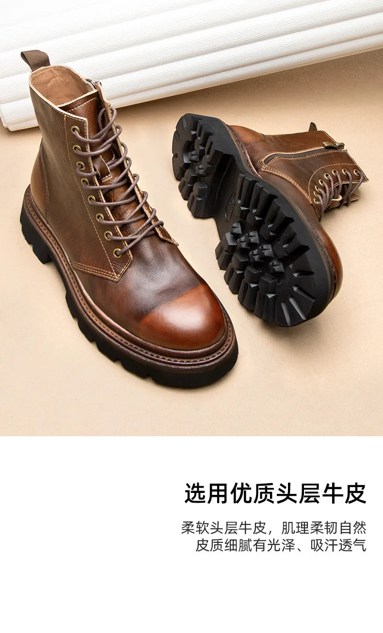 Motorcycle Boots Men Genuine Leather Retro Motorbike Ankle Boots Thick Soled Wear Resistant High Top Cowhide Shoes EU 38-44