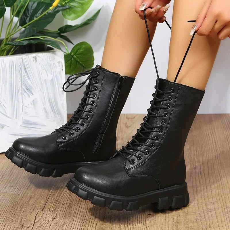 2025 Boots Women  Autumn Winter PU Leather White Ankle Boots Motorcycle Female Chunky Heels Platform Boots