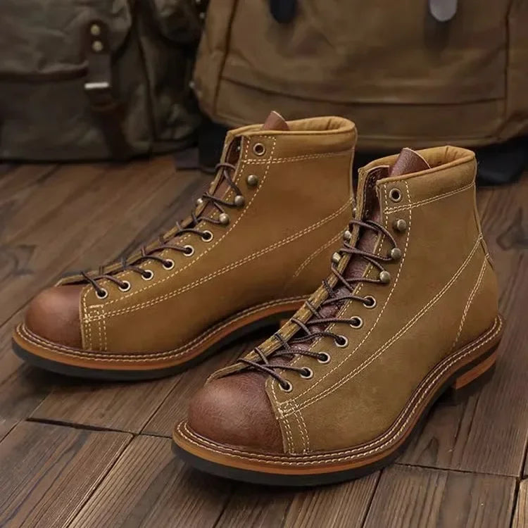 KOWM cowhide Hiking shoes men's trekking boot British ankle casual sneakers trekking shoes thick soled high top motorcycle boots