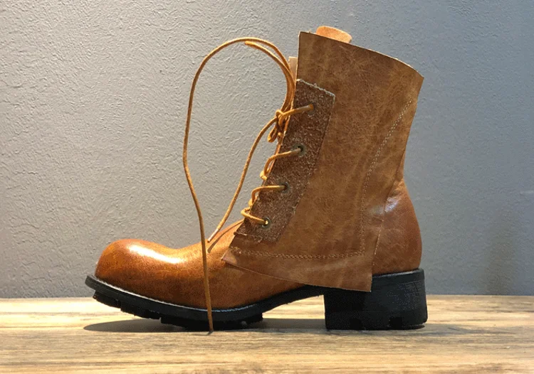 Handmade Vintage Round Toe Mens High Top Work Safety Shoes Cowhide Genuine Leather Ankle Boots Lace Up Motorcycle Riding Boots