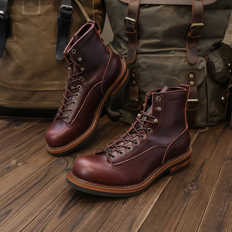 European Short-faced Leather Motorcycle Riding Boots Top Layer Cowhide Men's  Autumn Winter British Trendy Outdoor Shoes Male