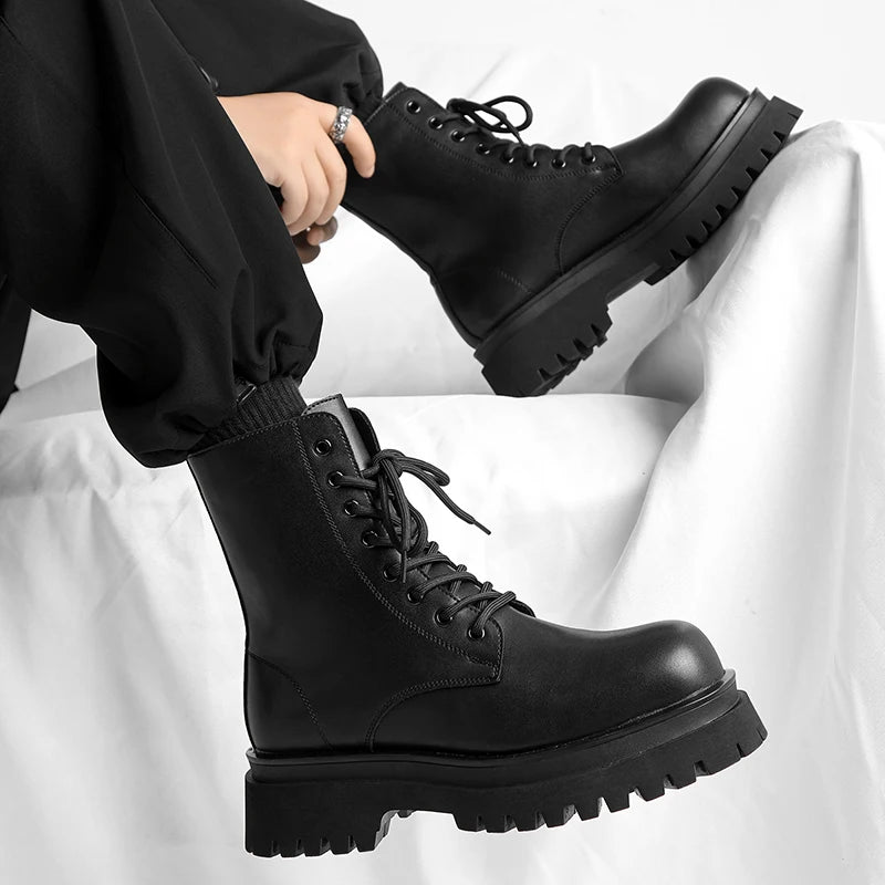 British style men luxury fashion platform boots lace-up genuine leather shoes cowboy chunky boot handsome high motorcycle botas