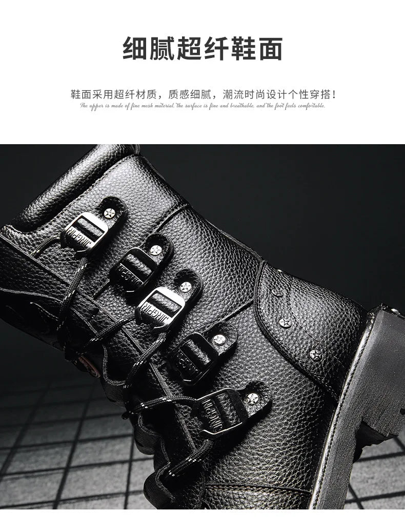 Men Motorcycle Boots Fashion Mid-Calf Punk Rock Punk PU Leather Black High Top Mens Casual Boot Steel Toe Shoes Big Size 38-46