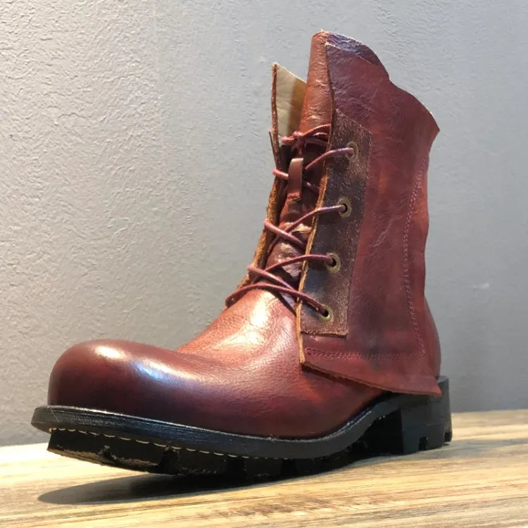 Handmade Vintage Round Toe Mens High Top Work Safety Shoes Cowhide Genuine Leather Ankle Boots Lace Up Motorcycle Riding Boots