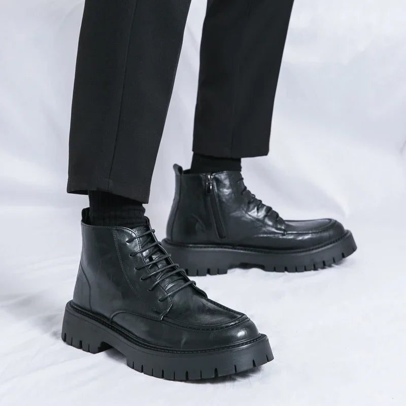 Fashion Men's Genuine Leather Casual Shoes Classic Outdoor Workwear Shoes Men's Motorcycle Boots Handsome Height Increasing