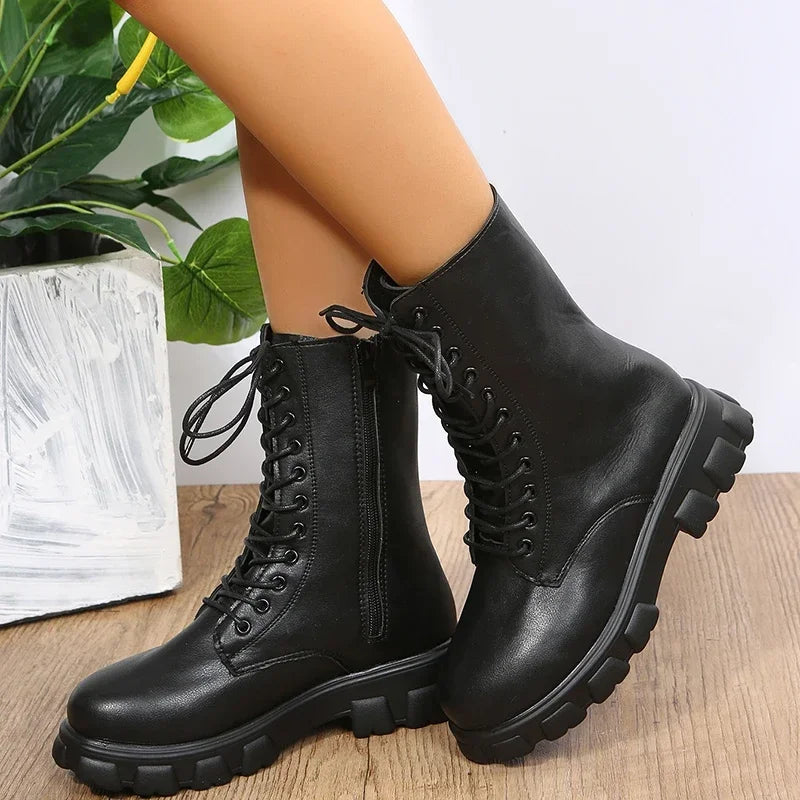 2025 Boots Women  Autumn Winter PU Leather White Ankle Boots Motorcycle Female Chunky Heels Platform Boots