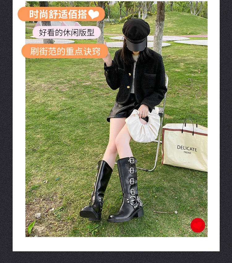 Women's High Platform Boots Metal Buckle Thick Heel Motorcycle Boots Vintage Soft Leather Punk Boot Brown Leather Knight Boot