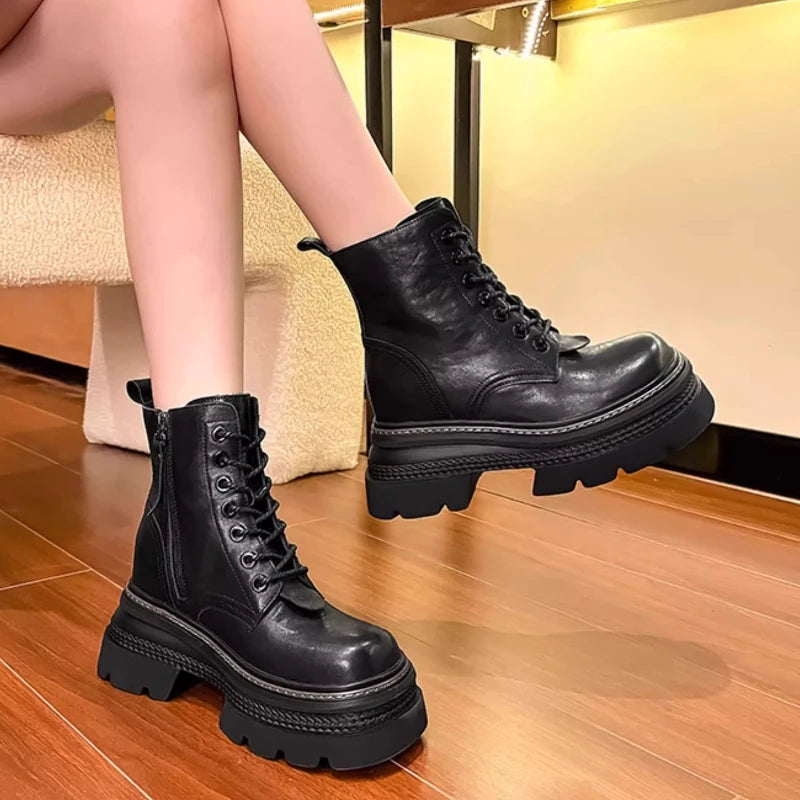 Genuine Leather Fashionable Comfortable 16cm Height Increasing Boots Shoes for Women's 14cm Thick Bottom Round Head Short Boots
