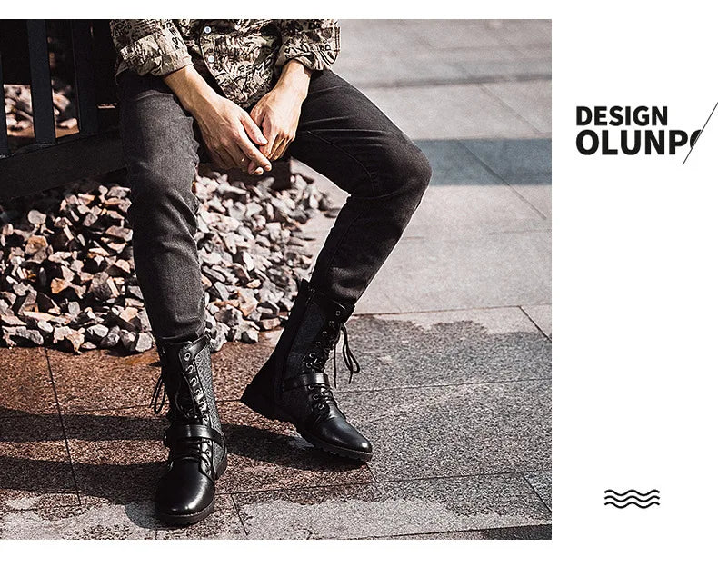 2025 Fashion Man Ankle Boots Lace Up  Platform Leather Shoes Motorcycle Retro Boots Britain Warm Male Platform Mid Calf Boots