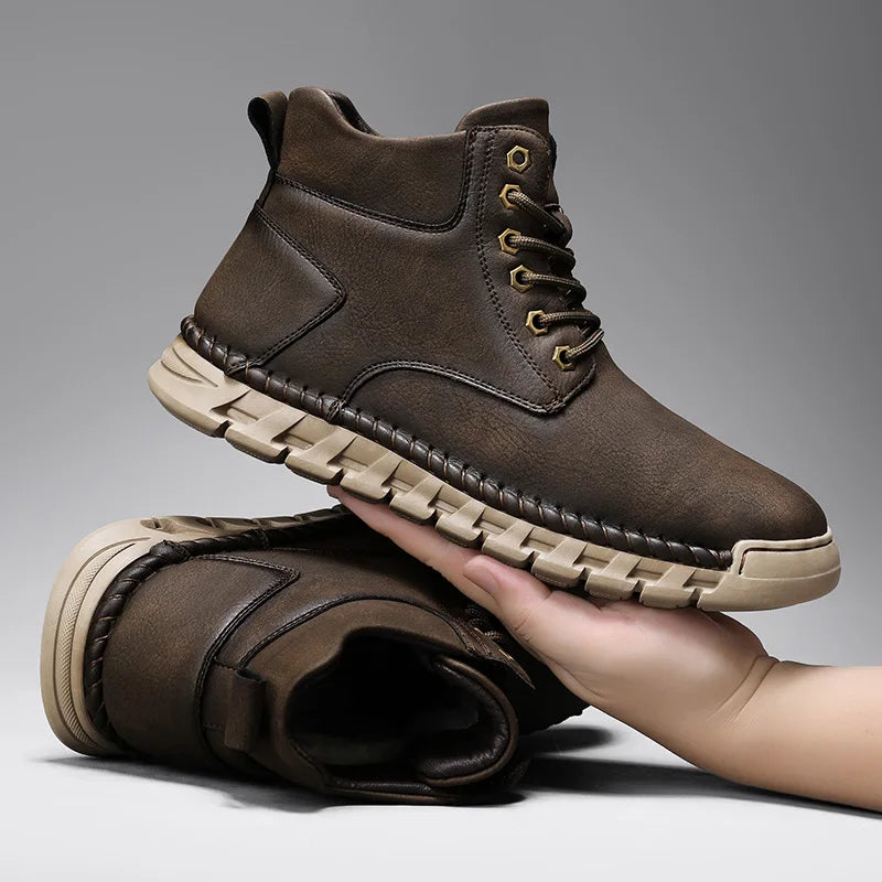 Lace-Up Men's High Top Shoes Classic Winter Men Ankle Boots Version Casual Motorcycle Boots Male Winter Plush Snow Leather Botas