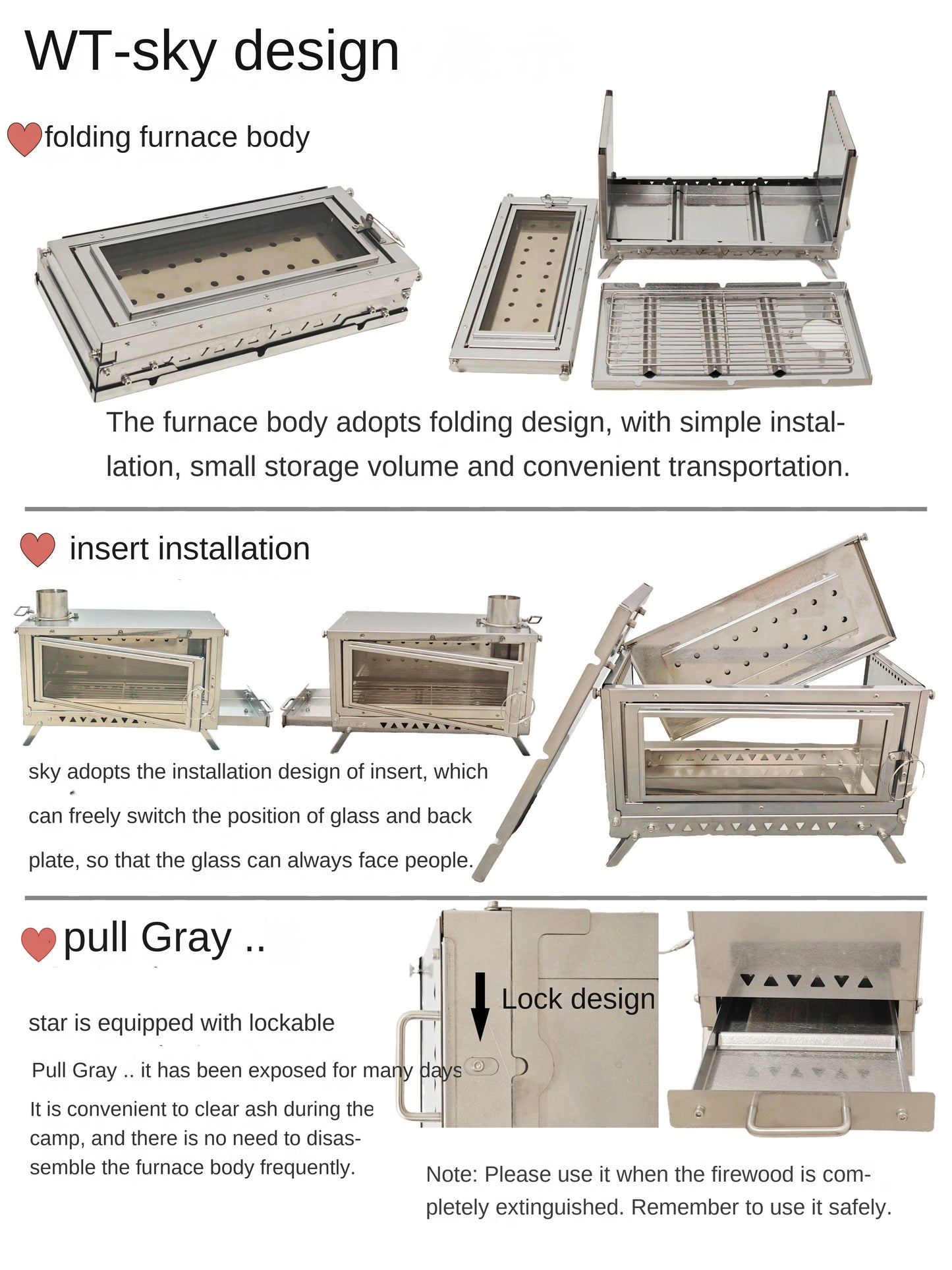WT-Sky-430 Folding Fireplace Multifunctional Wood Stove Secondary Air Intake Outdoor Camping Heating Stove
