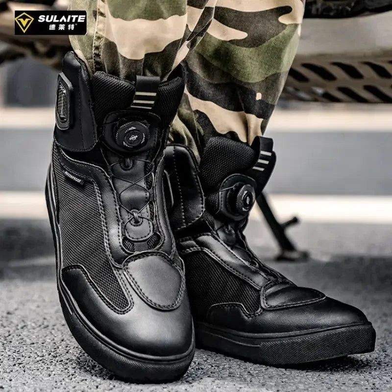 Sulaite Motorcycle Boots Men Waterproof Motorcyclist Boots Black Leather Motocross Boots Breathable Moto Biker Shoes