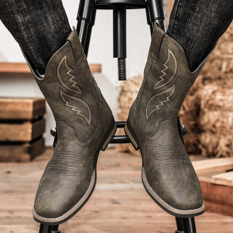 Western Style Cowboy Chelsea Boots Vintage Mid-calf Boots Pointed Toes Classical Shoes Genuine Leather Worker Winter Booties