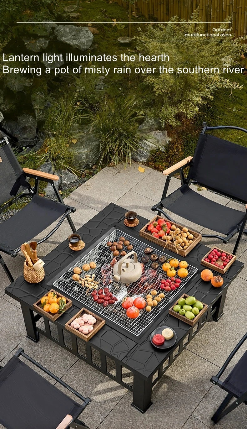 Outdoor Square Barbecue Grill Multi-Functional Barbecue Table Charcoal-Fired Tea-Brewing Table Wood-Burning Stove