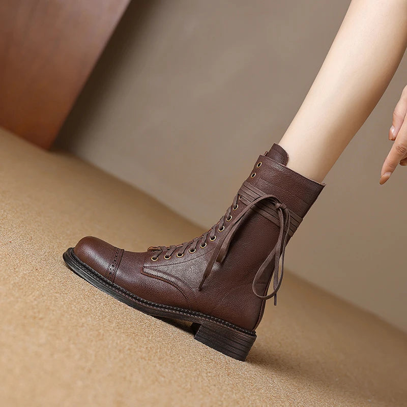 2025 New Autumn Winter Genuine Leather Women Shoes Lace-up Chelsea Women Boots Ankle Boots Chunky Boots Western Women Shoes