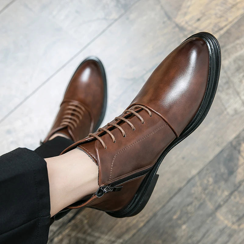 Italian Leather Men Zip Lace-Up Boots Casual Shoes Motorcycle Boots Black Winter High Quality Booties Botas Masculinas 38-46