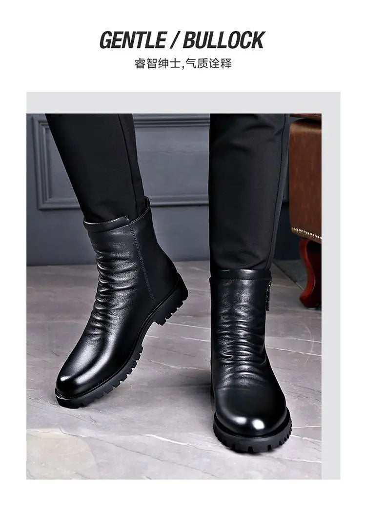 Ankle Boots Mens Split Soft Leather Mid Top Winter Vintage Plush Warm Soft Leather High Top British Side Zipper Chelsea Boots