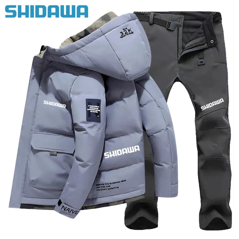 New Men suit Autumn Winter Warm Fishing Clothes Set Casual Thickened Hooded Down Cotton Jacket + Fleece Waterproof Fishing Pants