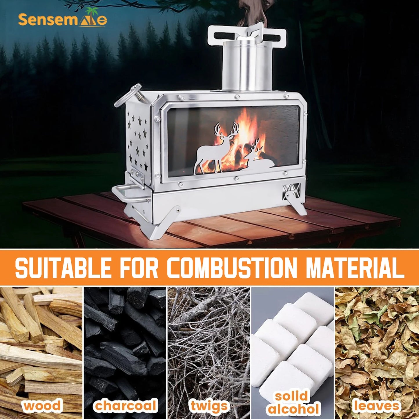 Portable Stainless Steel Wood Stove Camping Oven with Glass Window Folding Rocket Stove Mini Drawer for BBQ Grill Garden Hiking