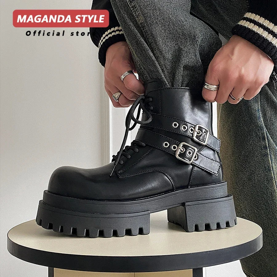 Height increased by 7CM short leather boots for men's dark punk functional motorcycle boots commuting buckle work clothes shoes